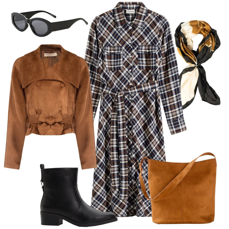 Outfit donna - Lo chemisier in flanella. Stile Casual per Tutti i giorni. Abbinamento con borse a mano, stivaletti, vestiti chemisier, occhiali da sole, giacche, foulard.