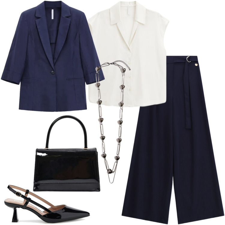 Outfit donna - Back to office. Stile Mannish per Ufficio. Abbinamento con pantaloni a palazzo, blazer, camicie, borse a mano, collane, décolleté.