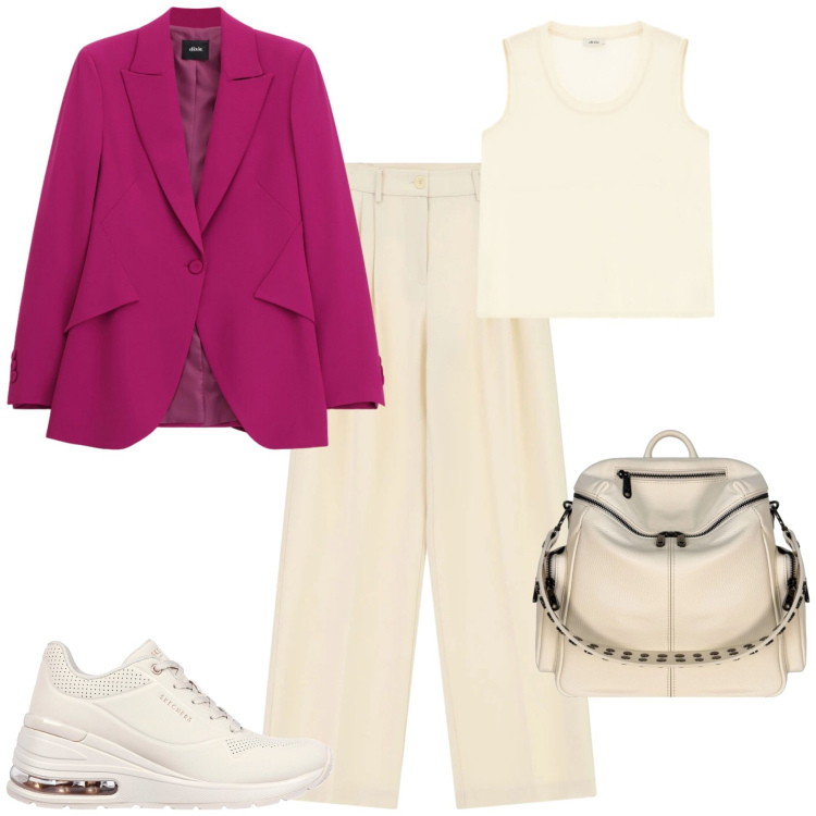 Outfit donna - Casual chic ufficio tempo libero. Stile Casual chic per Tutti i giorni. Abbinamento con pantaloni a palazzo, canottiere, blazer, zaini, sneakers.