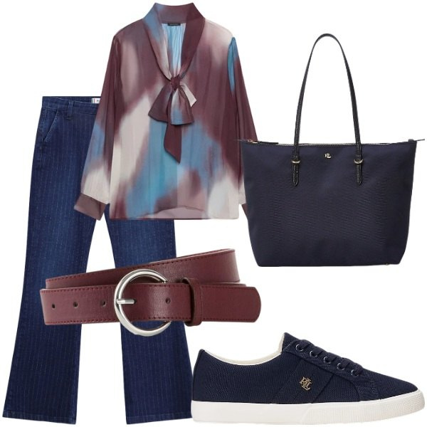 Outfit donna - Settembre. Stile Casual per Tutti i giorni. Abbinamento con cinture, jeans a zampa, bluse, borse tote, sneakers.