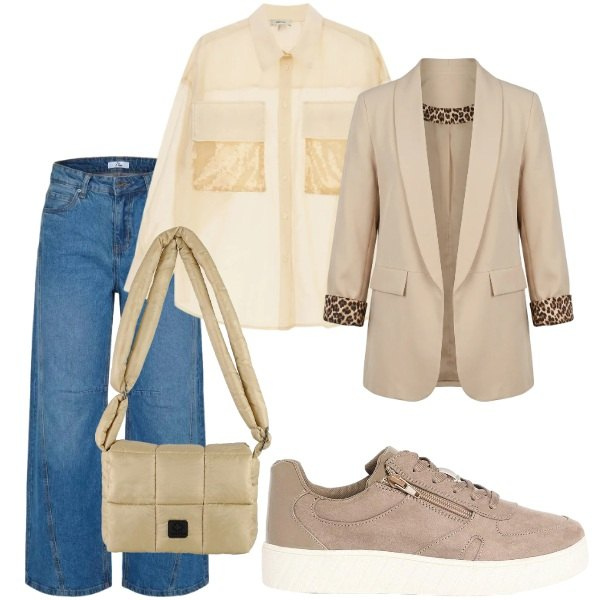 Outfit donna - Serate di settembre. Stile Casual chic per Serata fuori. Abbinamento con sneakers, camicie, jeans, borse a spalla, blazer.