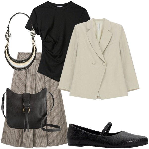 Outfit donna - Serate d\' autunno. Stile Casual chic per Serata fuori. Abbinamento con ballerine, borse a tracolla, blazer, gonne longuette, t-shirt, collane.