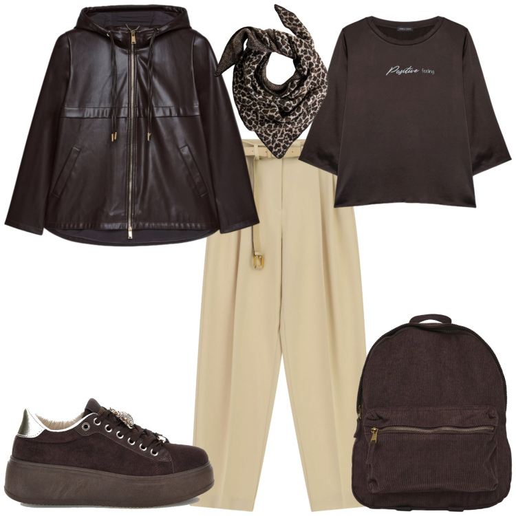Outfit donna - Casual chic ufficio tempo libero. Stile Casual chic per Tutti i giorni. Abbinamento con sciarpe, pantaloni a palazzo, zaini, blazer, bluse, sneakers.