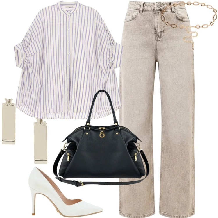 Outfit donna - Uscita informale. Stile Casual chic per Tutti i giorni. Abbinamento con camicie a manica corta, jeans dritti, décolleté, cinture, shopping bag, orecchini.