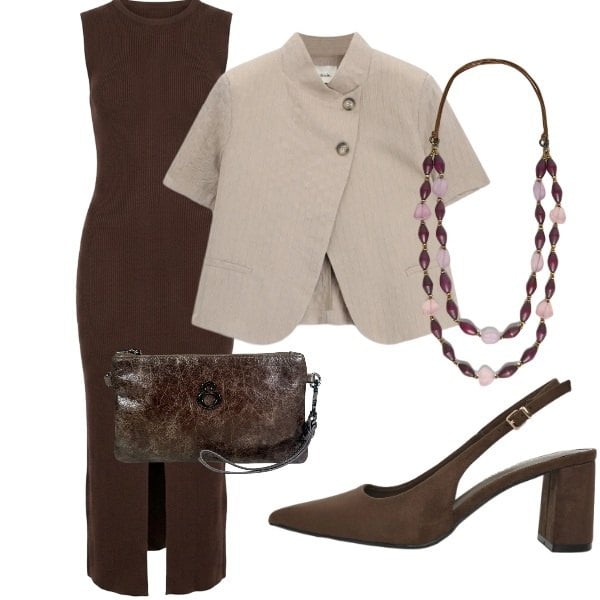 Outfit donna - Compleanno in villa. Stile Casual chic per Serata fuori. Abbinamento con blazer, décolleté, collane, pochette, vestiti midi/longuette.