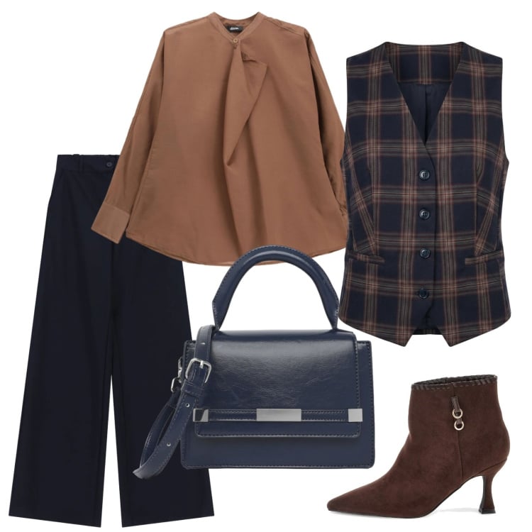 Outfit donna - Il gilet tartan. Stile Mannish per Ufficio. Abbinamento con pantaloni a palazzo, camicie, borse a tracolla, gilet, stivaletti.