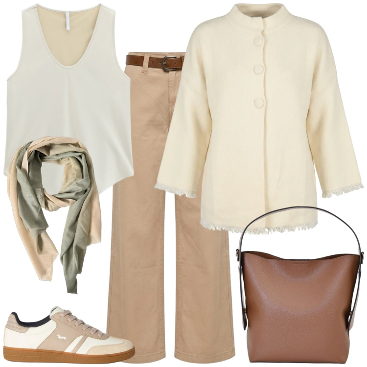 Outfit donna - Avorio a settembre - @laloba. Stile Casual chic per Tutti i giorni. Abbinamento con sneakers, canottiere, borse a mano, foulard, cardigans, pantaloni.