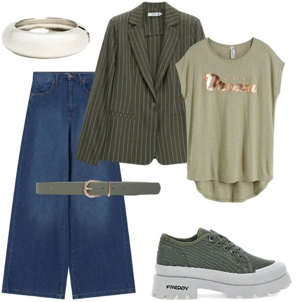 Outfit donna - Serate di settembre. Stile Casual chic per Serata fuori. Abbinamento con maglieria, jeans, cinture, blazer, braccialetti, sneakers alte.