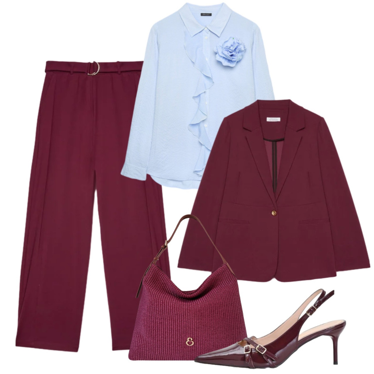 Outfit donna - Touch of sky. Stile Glamour per Tutti i giorni. Abbinamento con décolleté, camicie, blazer, pantaloni a palazzo, borse a spalla.