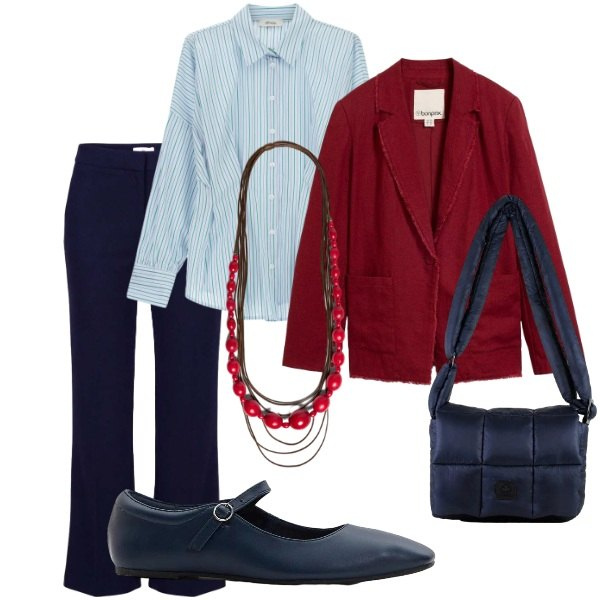 Outfit donna - Serate di settembre. Stile Casual chic per Serata fuori. Abbinamento con ballerine, blazer, camicie, pantaloni, collane, borse a spalla.