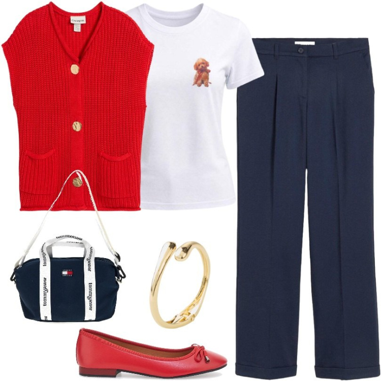 Outfit donna - Cardigan dal design senza tempo. Stile Casual per Tutti i giorni. Abbinamento con pantaloni, braccialetti, maglieria, t-shirt, ballerine, shopping bag.