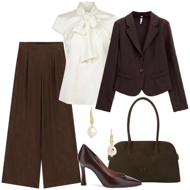 Outfit donna - Back to office Chic. Stile Mannish per Ufficio. Abbinamento con blazer, pantaloni a palazzo, borse a spalla, camicie, orecchini, décolleté.