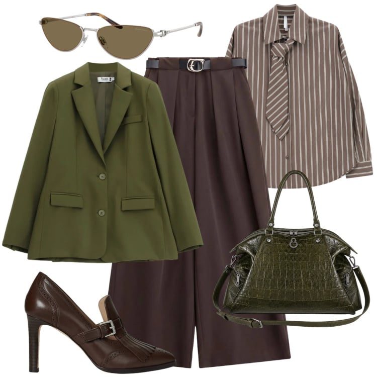 Outfit donna - Palette autunnale. Stile Glamour per Ufficio. Abbinamento con pantaloni a palazzo, camicie, blazer, shopping bag, décolleté, occhiali da sole.