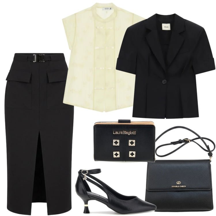 Outfit donna - Back to office. Stile Casual chic per Ufficio. Abbinamento con blazer, gonne longuette, camicie a manica corta, décolleté, borse a tracolla, portafogli.