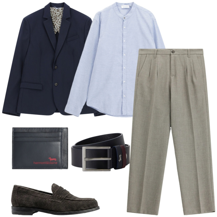 Outfit uomo - Rientro smart casual. Stile Business/Elegante per Ufficio. Abbinamento con cinture, portafogli, pantaloni, camicie, giacche, scarpe stringate.