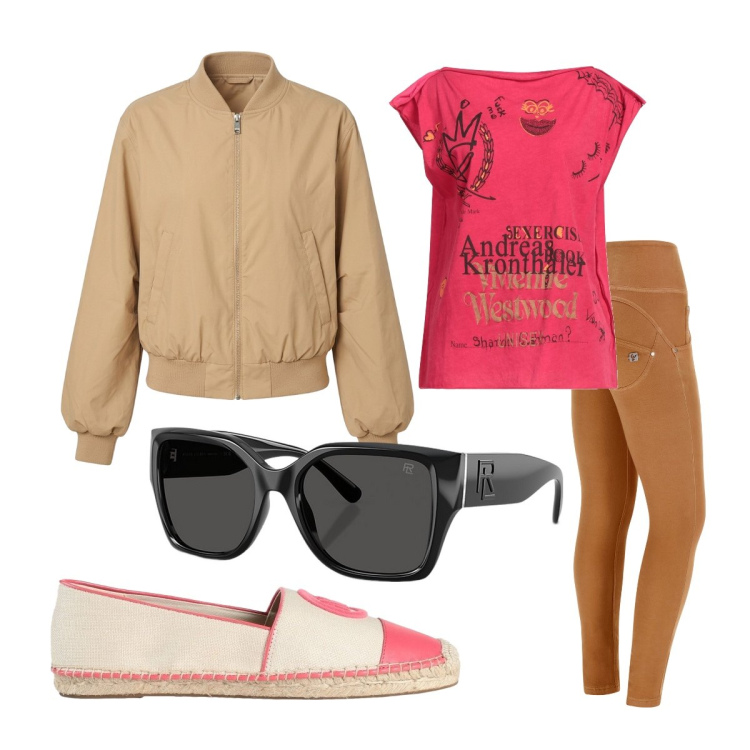Outfit donna - Di giorno. Stile Sporty chic per Tutti i giorni. Abbinamento con t-shirt, espadrillas, pantaloni skinny, bomber, occhiali da sole.