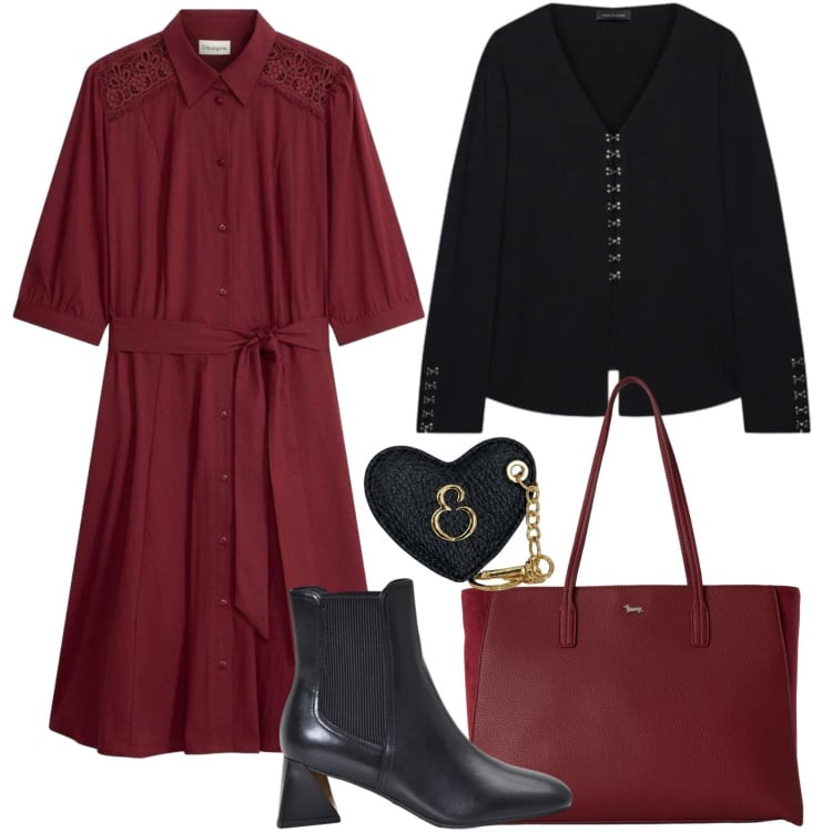 Outfit donna - Il vestito chemisier autunnale - Curvy. Stile Casual chic per Tutti i giorni. Abbinamento con vestiti chemisier, shopping bag, stivaletti, cardigans, portachiavi.