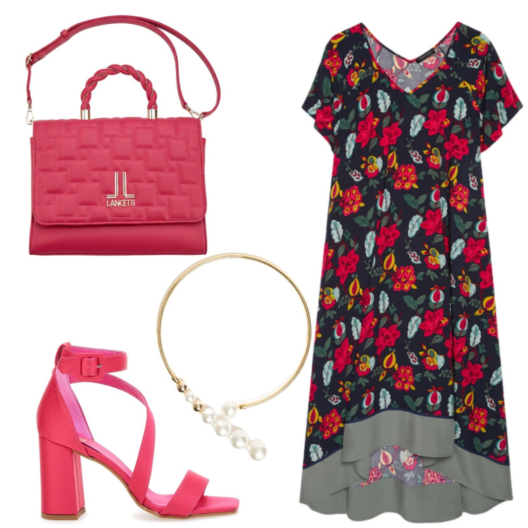 Outfit donna - Fine estate. Stile Casual chic per Tutti i giorni. Abbinamento con vestiti midi/longuette, collane, borse a mano, sandali col tacco.