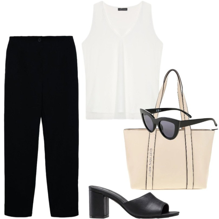 Outfit donna - Look versatile per gl impegni quotidiani. Stile Casual per Tutti i giorni. Abbinamento con occhiali da sole, sandali col tacco, pantaloni chino, top, shopping bag.
