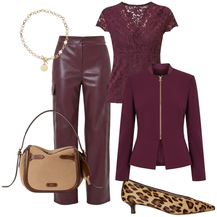 Outfit donna - Casual chic. Stile Casual chic per Serata fuori. Abbinamento con top, pantaloni cargo, blazer, décolleté, borse a mano, collane.