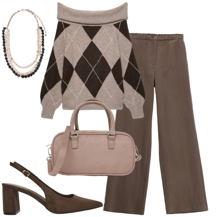 Outfit donna - City. Stile Casual chic per Tutti i giorni. Abbinamento con maglieria, borse a tracolla, décolleté, pantaloni a palazzo, collane.