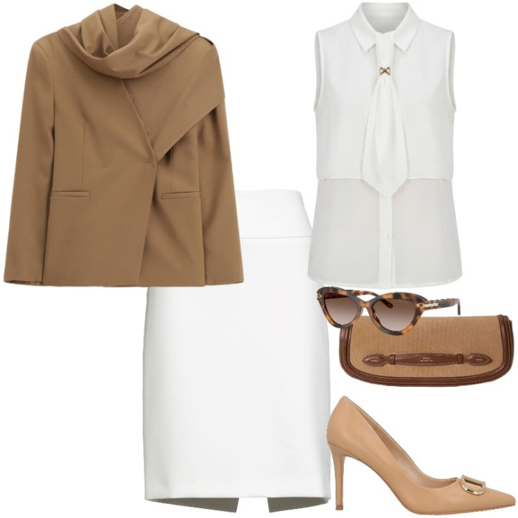 Outfit donna - Camel e bianco. Stile Chic per Tutti i giorni. Abbinamento con minigonne, décolleté, blazer, camicie a manica corta, occhiali da sole, clutch.