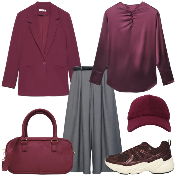 Outfit donna - Reality Is calling. Stile Urban per Tutti i giorni. Abbinamento con pantaloni, blazer, sneakers, borse a tracolla, bluse, cappelli con visiera.