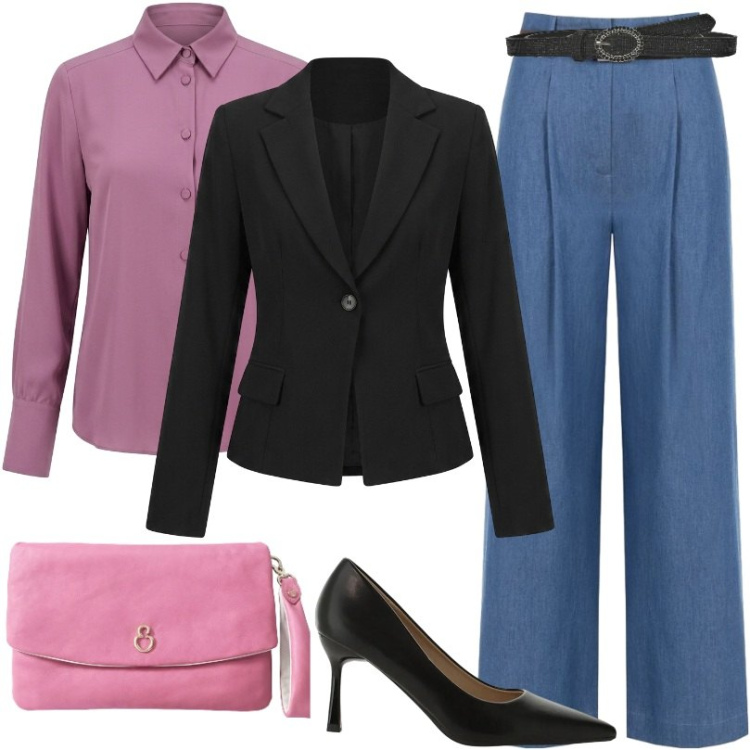Outfit donna - Total look #2465190. Stile Casual per Tutti i giorni. Abbinamento con décolleté, cinture, pantaloni a palazzo, camicie, pochette, blazer.