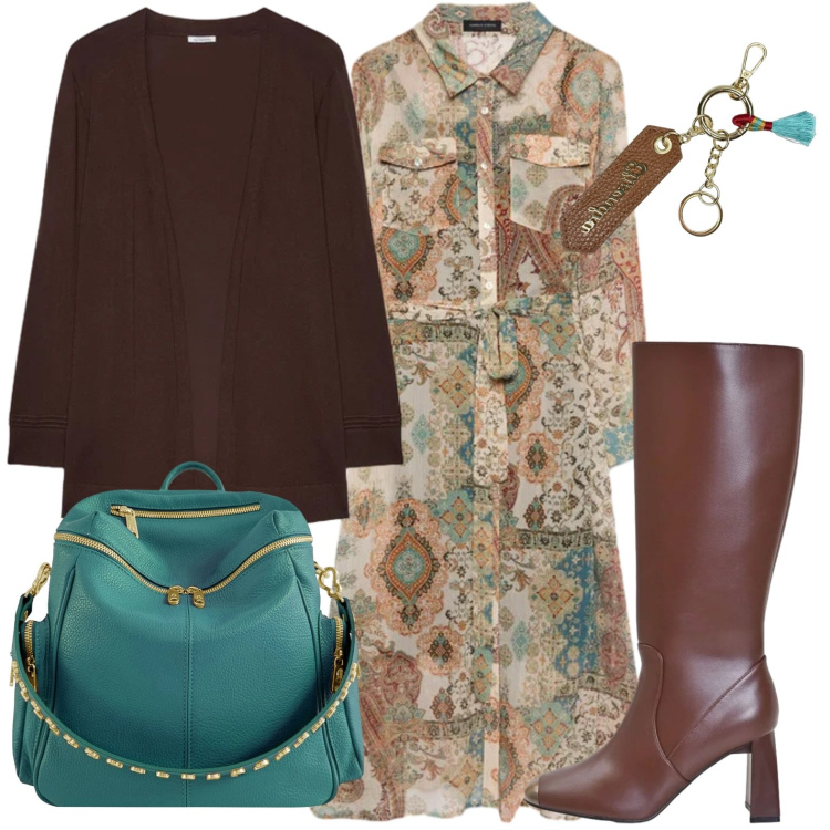 Outfit donna - Mare e cioccolato. Stile Casual chic Abbinamento con stivali sopra il ginocchio, vestiti chemisier, cardigans, zaini, portachiavi.