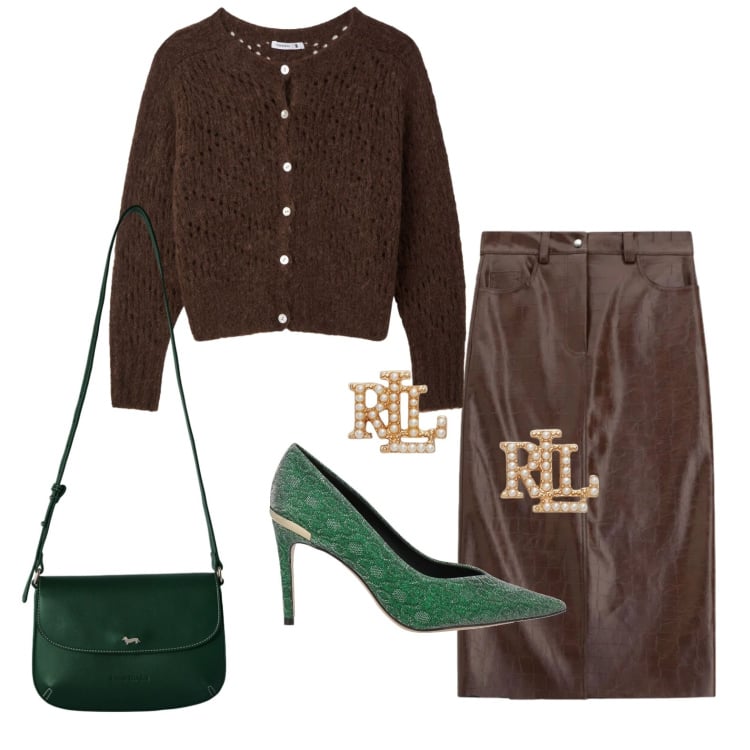 Outfit donna - Tacco alto per il mio compleanno. Stile Glamour per Serata fuori. Abbinamento con décolleté, borse a tracolla, gonne longuette, cardigans, orecchini.