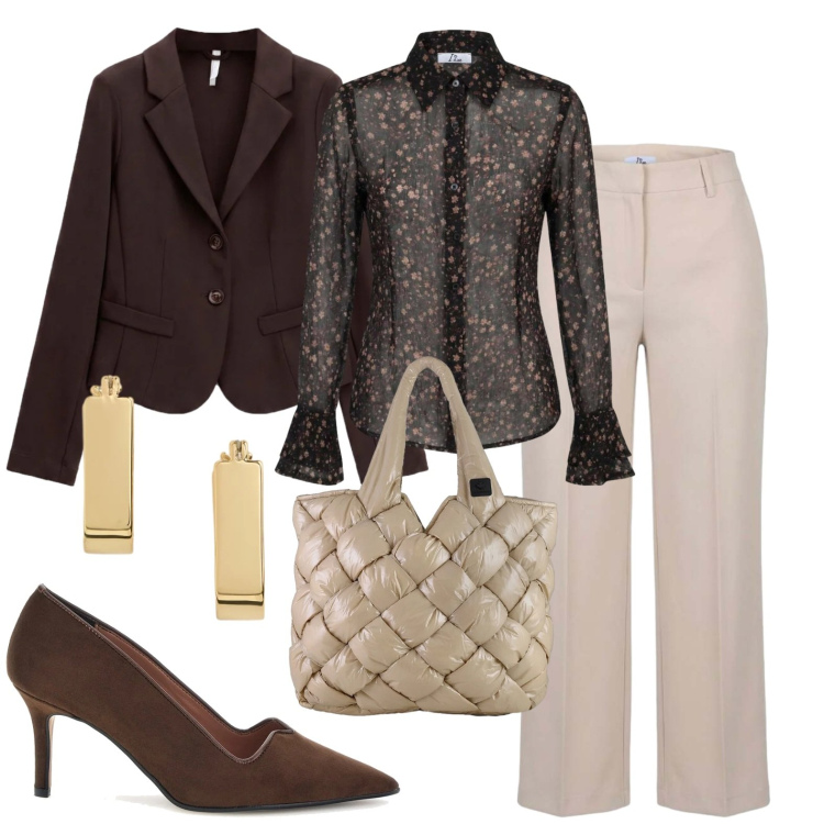 Outfit donna - Elegante in ufficio. Stile Casual chic per Ufficio. Abbinamento con blazer, pantaloni a palazzo, camicie, borse tote, orecchini, décolleté.