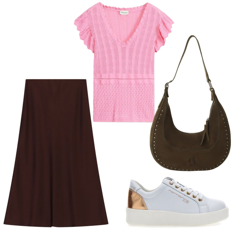 Outfit donna - La maglia bon bon. Stile Casual per Tutti i giorni. Abbinamento con t-shirt, gonne longuette, borse a spalla, sneakers.