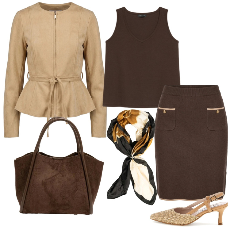 Outfit donna - In città. Stile Chic per Tutti i giorni. Abbinamento con canottiere, gonne, blazer, foulard, borse a spalla, décolleté.