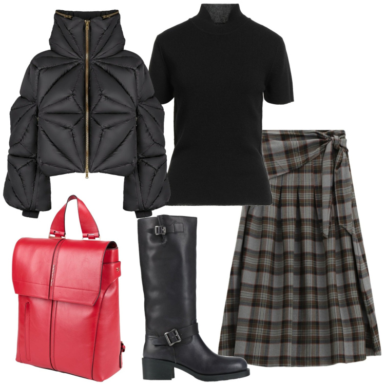Outfit donna - I biker con la gonna scozzese. Stile Urban per Tutti i giorni. Abbinamento con stivali, maglieria, zaini, gonne longuette, piumini.