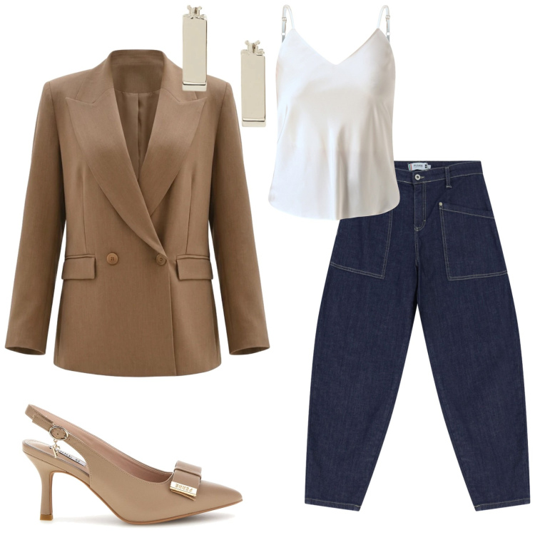 Outfit donna - Chic quotidiano: Blazer cammello e Denim. Stile Casual per Ufficio. Abbinamento con blazer, top, jeans, orecchini, décolleté.