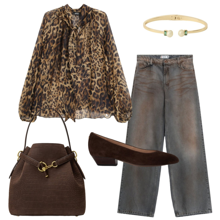 Outfit donna - A cena con la mamma. Stile Trendy per Serata fuori. Abbinamento con bluse, jeans dritti, braccialetti, ballerine, borse a secchiello.