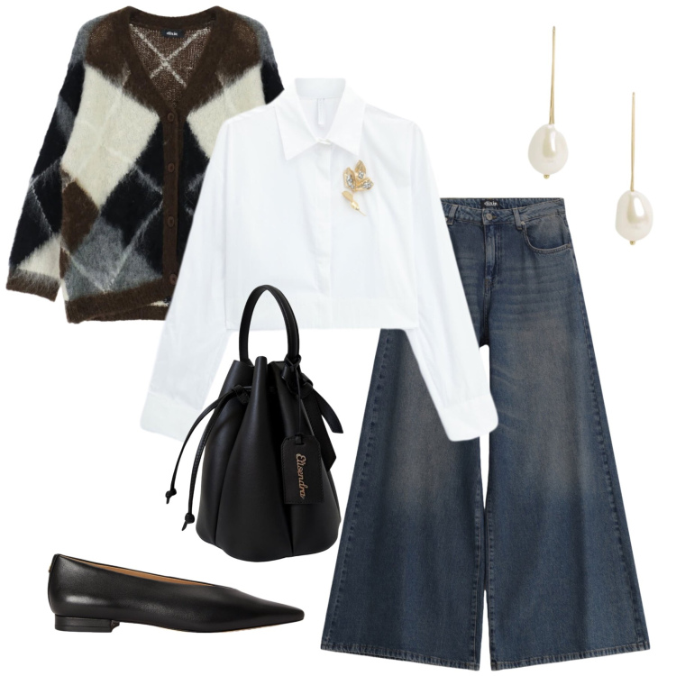Outfit donna - Fall neutrals. Stile Casual chic per Tutti i giorni. Abbinamento con camicie, jeans, cardigans, borse a secchiello, orecchini, ballerine.