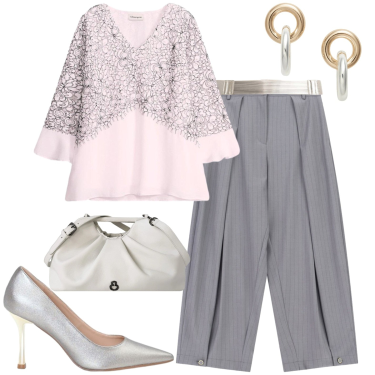 Outfit donna - Casual chic. Stile Casual chic per Tutti i giorni. Abbinamento con bluse, pantaloni a palazzo, décolleté, clutch, cinture, orecchini.