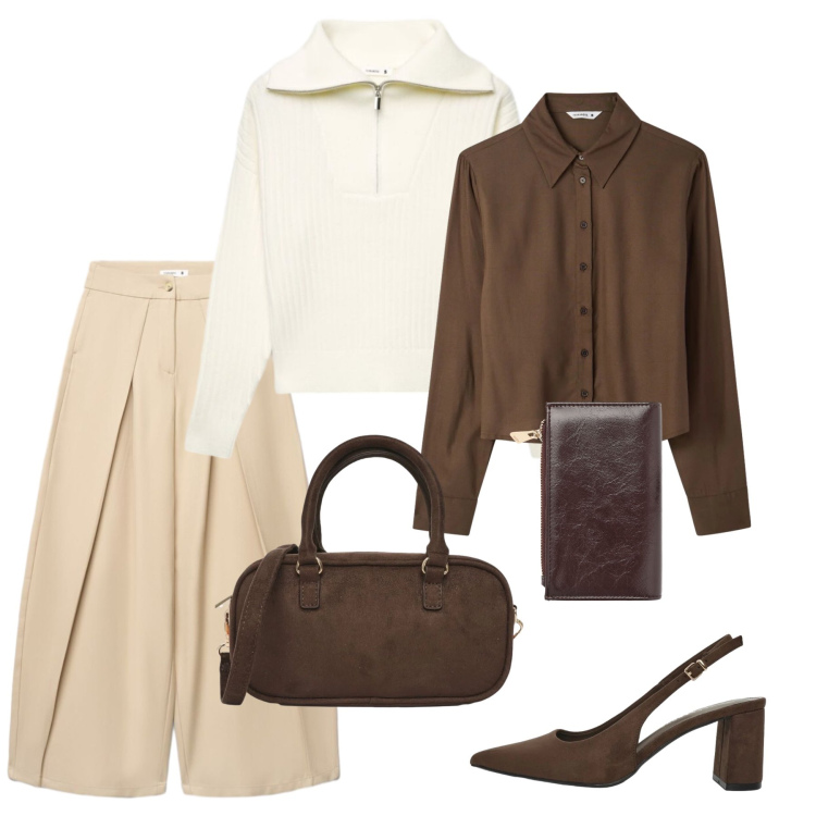 Outfit donna - Ufficio casual. Stile Casual per Ufficio. Abbinamento con pantaloni a palazzo, camicie, décolleté, borse a tracolla, maglieria, portafogli.