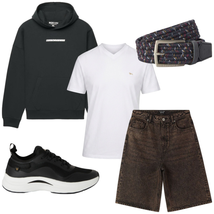 Outfit uomo - Total look #2465205. Stile Urban per Tutti i giorni. Abbinamento con t-shirt, cinture, bermuda, felpe con cappuccio, sneakers.