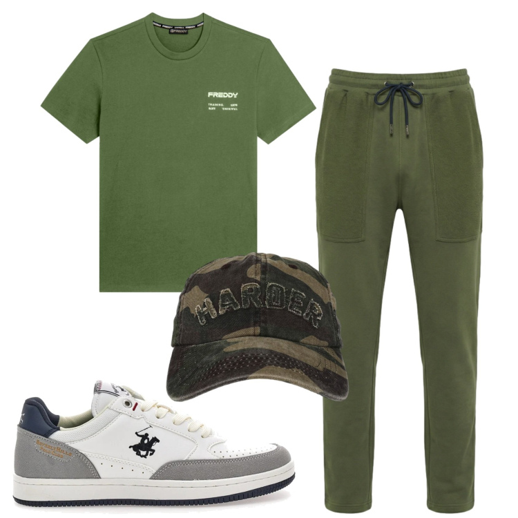 Outfit uomo - Total look #2465206. Stile Casual per Sport. Abbinamento con pantaloni, cappelli con visiera, t-shirt, sneakers.