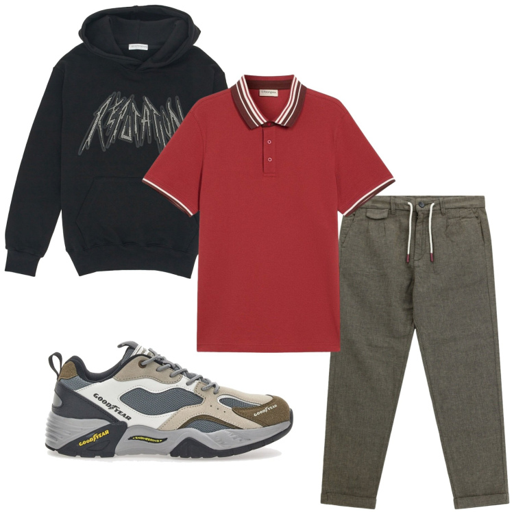 Outfit uomo - Total look #2465208. Stile Urban per Sport. Abbinamento con polo, pantaloni, felpe con cappuccio, sneakers.