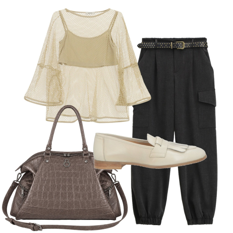Outfit donna - Total look #2465214. Stile Urban per Tutti i giorni. Abbinamento con mocassini, top, pantaloni, shopping bag.