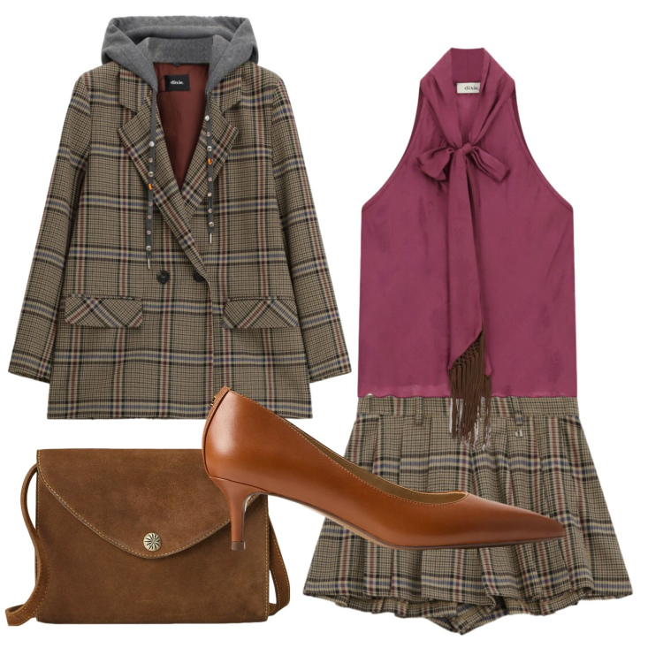Outfit donna - Total look #2465217. Stile Preppy per Ufficio. Abbinamento con blazer, pantaloni corti, top, borse a tracolla, décolleté.