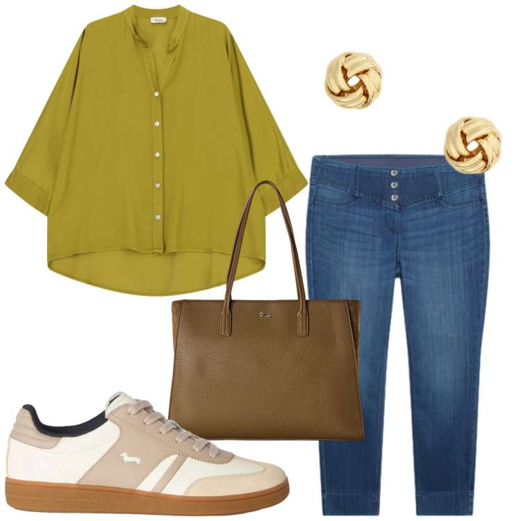Outfit donna - Total look #2465222. Stile Basic per Tutti i giorni. Abbinamento con shopping bag, sneakers, camicie, jeggings, orecchini.