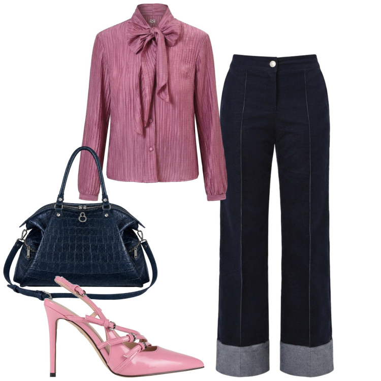 Outfit donna - In ufficio. Stile Casual chic per Ufficio. Abbinamento con décolleté, pantaloni, camicie, shopping bag.