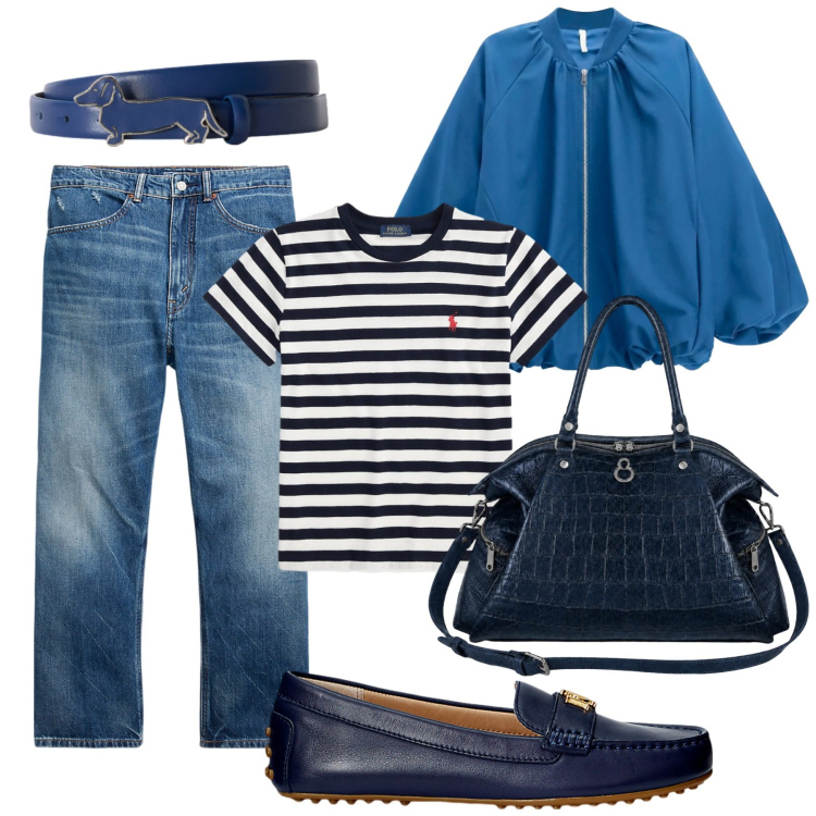 Outfit donna - Total look #2465231. Stile Basic per Tutti i giorni. Abbinamento con cinture, bomber, shopping bag, jeans, t-shirt, mocassini.