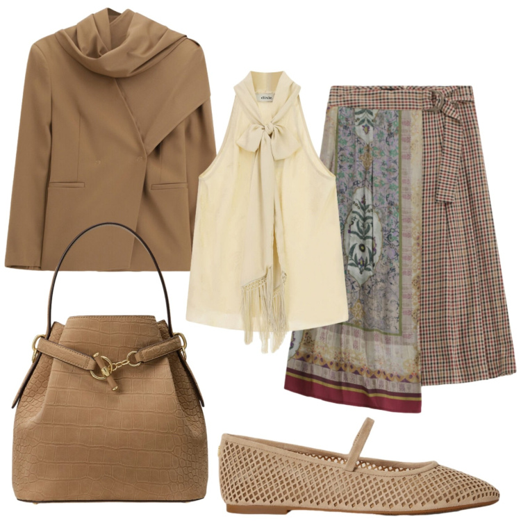 Outfit donna - Total look #2465233. Stile Preppy per Ufficio. Abbinamento con gonne longuette, blazer, top, ballerine, borse a secchiello.