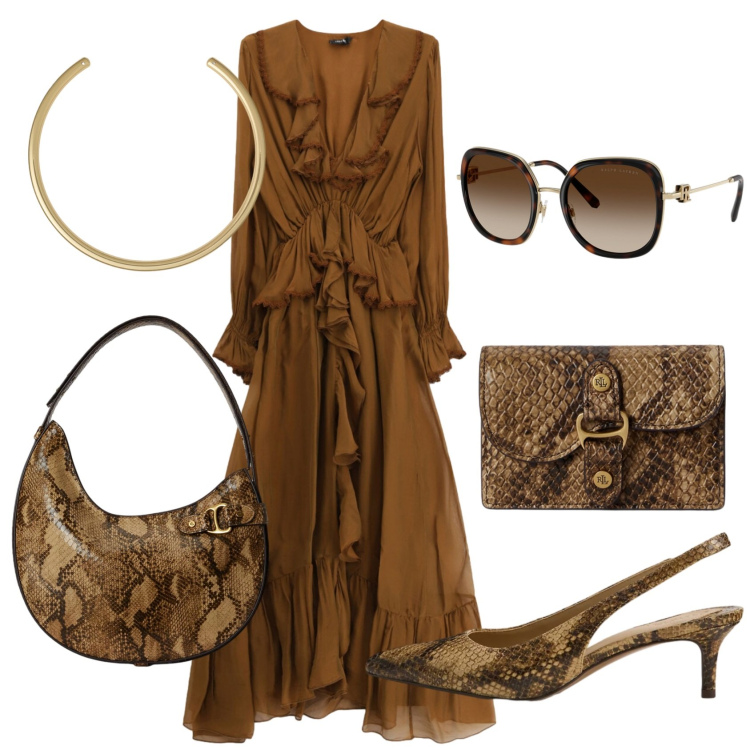 Outfit donna - Total look #2465235. Stile Glamour per Tutti i giorni. Abbinamento con vestiti midi/longuette, portafogli, borse a spalla, décolleté, collane, occhiali da sole.