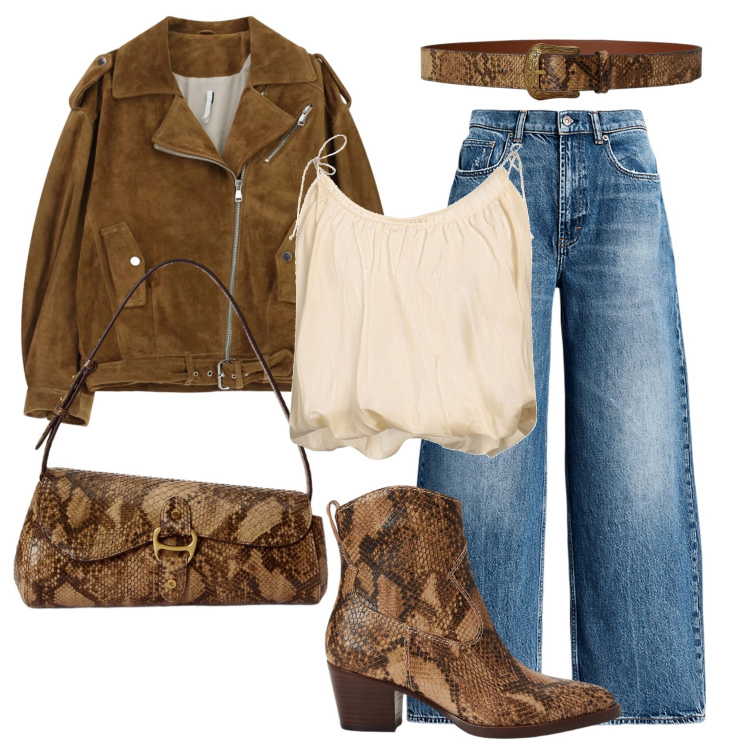 Outfit donna - Total look #2465237. Stile Trendy per Tutti i giorni. Abbinamento con top, giacche, stivaletti, jeans, borse a tracolla, cinture.